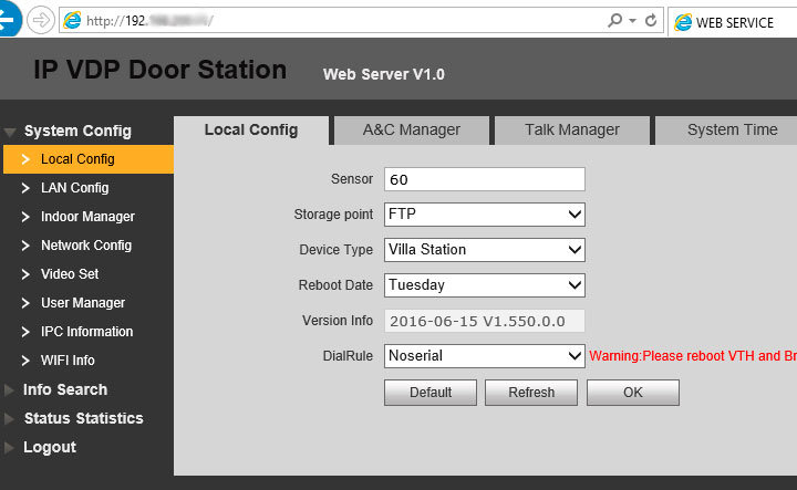 DHI-VTO2111D-WP настройки через веб-интерфейс
